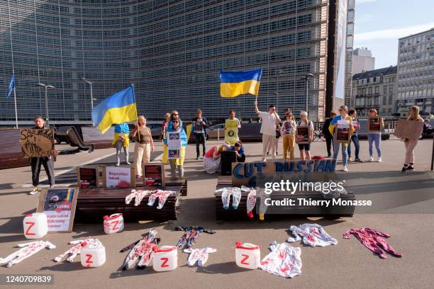 About 20 ukrainians demonstrate in Rue de la Loi, Between the EU Commission and the EU Council on May 16, 2022 in Brussels, Belgium. Protestors...