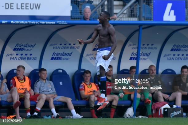 Anthony Musaba of SC Heerenveen celebrates 3-0 during the Dutch Eredivisie match between SC Heerenveen v Go Ahead Eagles at the Abe Lenstra Stadium...