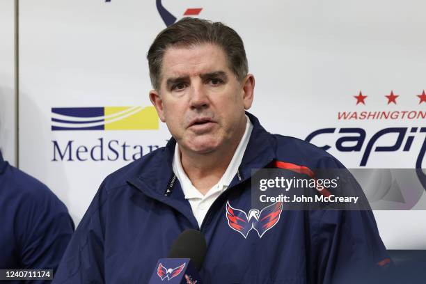 Washington Capitals head coach Peter Laviolette addresses the media for a final time for the 2021-2022 season at MedStar Capitals Iceplex on May 15,...