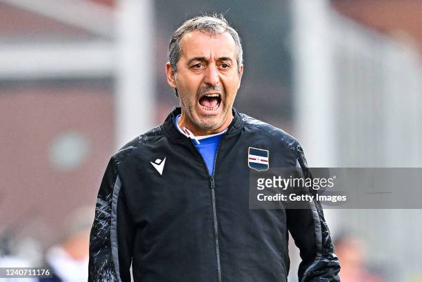 Marco Giampaolo head coach of Sampdoria reacts during the Serie A match between UC Sampdoria and ACF Fiorentina at Stadio Luigi Ferraris on May 16,...