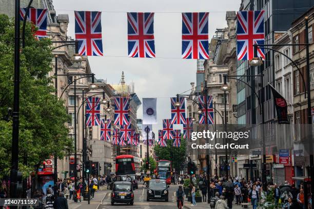 British Union Jack Flags are displayed along Oxford Street to celebrate the forthcoming Platinum Jubilee of Queen Elizabeth II, on May 16, 2022 in...