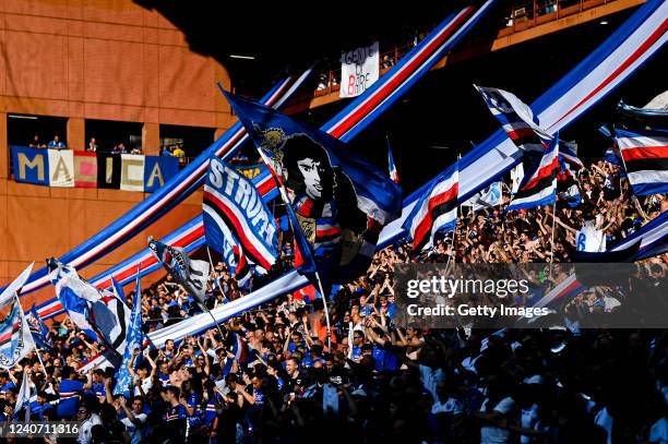 Fans of Sampdoria wave their flags prior to kick-off in the Serie A match between UC Sampdoria and ACF Fiorentina at Stadio Luigi Ferraris on May 16,...