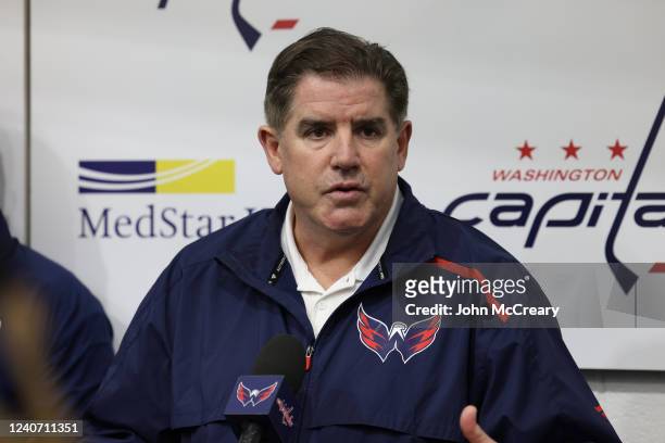 Washington Capitals head coach Peter Laviolette addresses the media for a final time for the 2021-2022 season at MedStar Capitals Iceplex on May 15,...