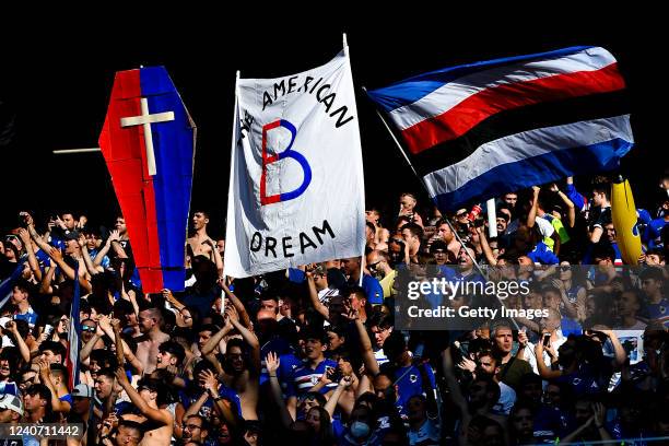 Fans of Sampdoria joke about Genoa's relegation prior to kick-off in the Serie A match between UC Sampdoria and ACF Fiorentina at Stadio Luigi...