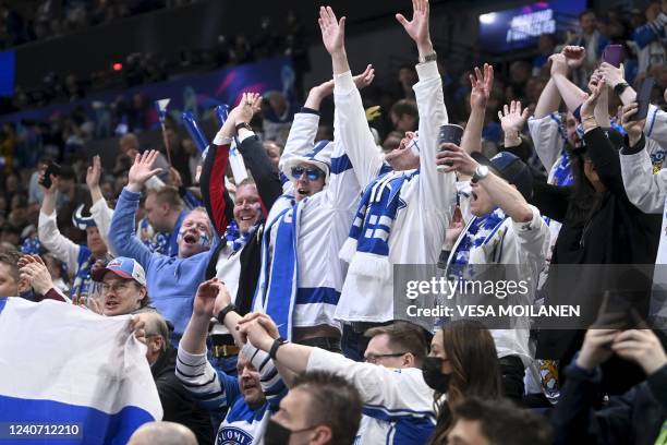 Finland fans cheer during the IIHF Ice Hockey World Championships 1st Round group B match between Finland and USA at the Nokia Arena in Tampere,...