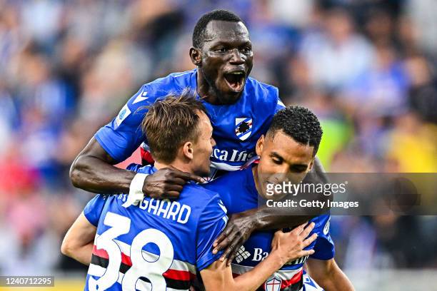 Abdelhamid Sabiri of Sampdoria celebrates with his team-mates Mikkel Damsgaard and Omar Colley after scoring a goal during the Serie A match between...