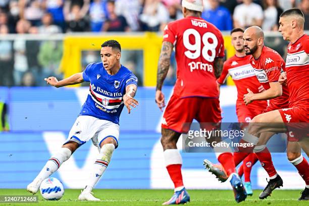 Abdelhamid Sabiri of Sampdoria scores a goal during the Serie A match between UC Sampdoria and ACF Fiorentina at Stadio Luigi Ferraris on May 16,...