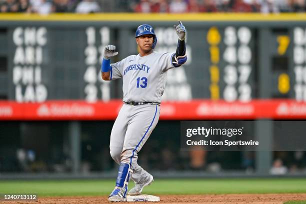 Kansas City Royals catcher Salvador Perez celebrates after hitting a third inning RBI double during a game between the Kansas City Royals and the...