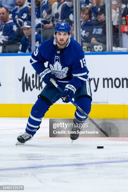 Toronto Maple Leafs Left Wing Alexander Kerfoot skates with the puck during the Round 1 NHL Stanley Cup Playoffs Game 7 between the Tampa Bay...