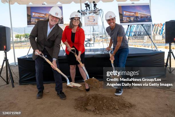 Los Angeles, CA Sylmar Studios Executive VP Scott Hodgkins, LA City Councilmember Monica Rodriguez and Sylmar Studios CEO Tony Guanci pose for a...