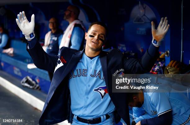 Matt Chapman of the Toronto Blue Jays celebrates after hitting a home run in the second inning against the Seattle Mariners at Rogers Centre on May...