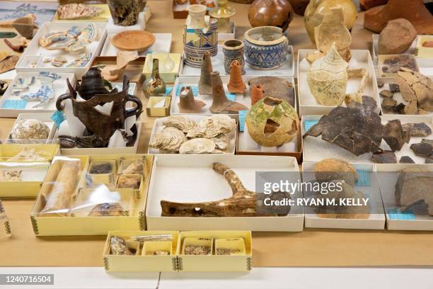 Artifacts in the vault at Jamestown, Virginia, on May 10, 2022. - Water arrived overnight and submerged an ancient cemetery of an English colony, the...