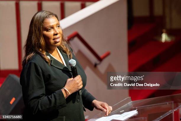 New York Attorney General Letitia James speaks to an interfaith crowd at Bethel Gospel Assembly - Destiny Worship Pavilion on May 16, 2022 in New...