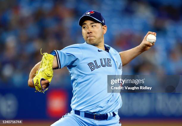Yusei Kikuchi of the Toronto Blue Jays delivers a pitch in the sixth inning against the Seattle Mariners at Rogers Centre on May 16, 2022 in Toronto,...