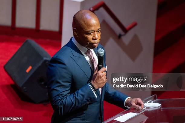 Mayor Eric Adams of New York City speaks to an interfaith crowd at Bethel Gospel Assembly - Destiny Worship Pavilion on May 16, 2022 in New York...