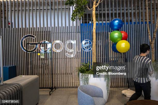 Signage inside Google's new Bay View campus in Mountain View, California, US, on Monday, May 16, 2022. On Monday Google opened its newest campus near...