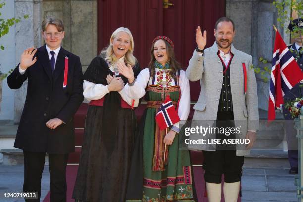 Crown Princess Mette-Marit, Prince Sverre Magnus, Crown Prince Haakon and Princess Ingrid Alexandra greet from their residence Skaugum in Asker,...