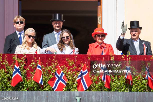 Norway's Prince Sverre Magnus, Crown Princess Mette-Marit, Crown Prince Haakon, Princess Ingrid Alexandra, Queen Sonja and King Harald of Norway...