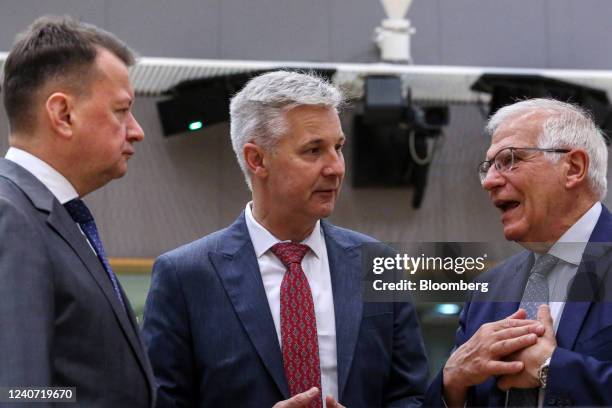 Mariusz Blaszczak, Poland's defense minister, left, Artis Pabriks, Latvia's defense minister, center, and Josep Borrell, vice president of the...