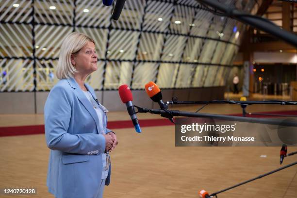 Austrian Minister of Defense Klaudia Tanner talks to media prior the start of an EDA Ministers meeting in the Europa, the EU Council headquarter on...