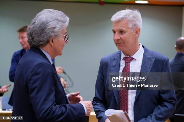 Commissioner for Internal Market Thierry Breton talks with the Minister for Defence of Latvia Artis Pabriks prior the start of an EDA Ministers...