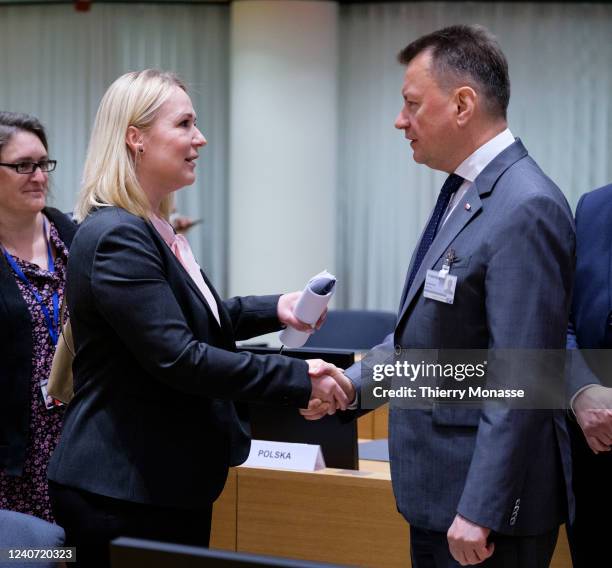 Czech Minister of Defence Jana Cernochova talks with the Polish Minister of National Defence Mariusz Blaszczak prior the start of an EDA Ministers...