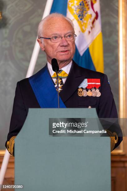King Carl XVI Gustaf of Sweden gives a statement to the press at Stockholm Palace on May 17, 2022 in Stockholm, Sweden. Finland's President Sauli...