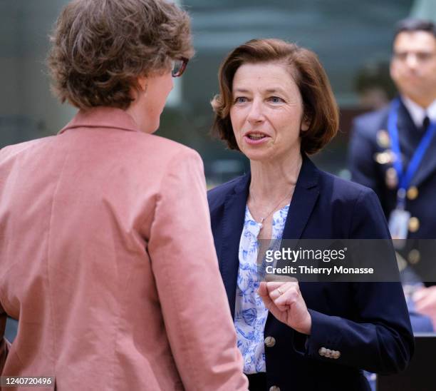 French Minister of the Armed Forces Florence Parly talks with a counterpart prior the start of an EDA Ministers meeting in the Europa, the EU Council...