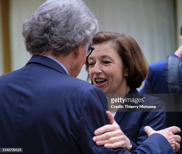 Commissioner for Internal Market Thierry Breton talks with the French Minister of the Armed Forces Florence Parly prior the start of an EDA Ministers...