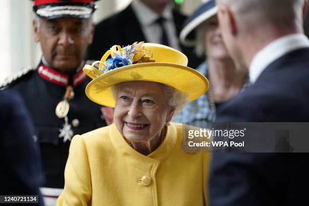 Queen Elizabeth II arrives to mark the completion of London's Crossrail project at Paddington Station on May 17, 2022 in London, England.