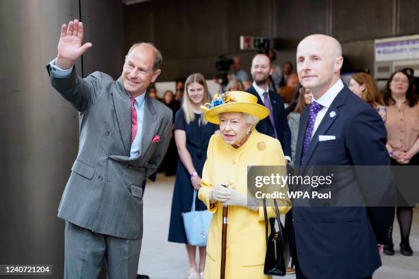 Queen Elizabeth II and Prince Edward, Earl of Wessex attend the Elizabeth line's official opening at Paddington Station on May 17, 2022 in London,...