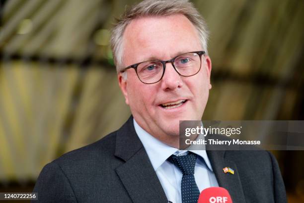 Danish Minister of Defence Morten Bodskov talks to media prior to the start of an EU Defence Ministers meeting in the Europa, the EU Council...