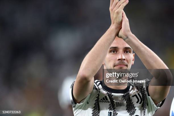 Mattia De Sciglio of Juventus FC gestures after the Serie A match between Juventus and SS Lazio at Allianz Stadium on May 16, 2022 in Turin, Italy.