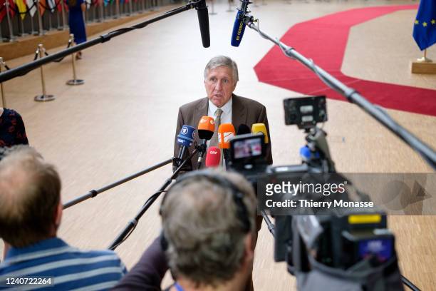 Second Deputy Prime Minister of Luxembourg Francois Bausch talks to media prior to the start of an EU Defence Ministers meeting in the Europa, the EU...