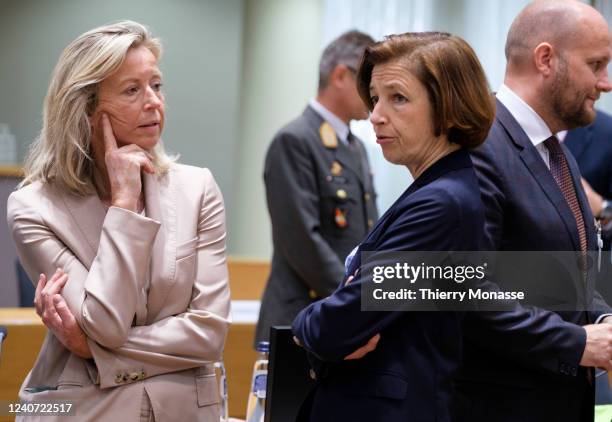 Dutch Minister of Defence Jonkheer Karin Hildur "Kajsa" Ollongren talks with the French Minister of the Armed Forces Florence Parly and the Slovak...