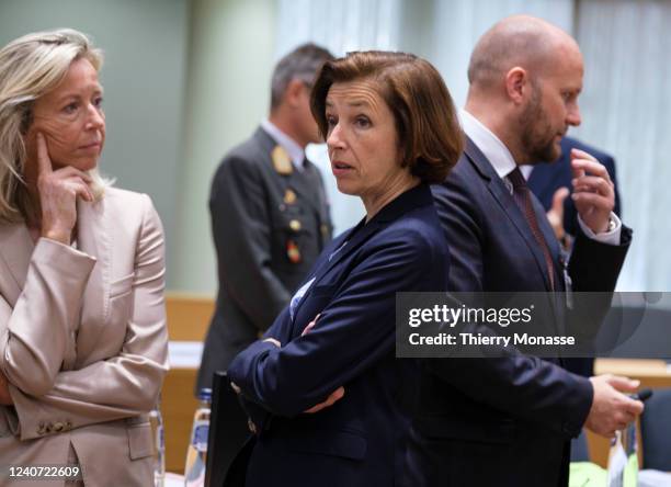 Dutch Minister of Defence Jonkheer Karin Hildur "Kajsa" Ollongren talks with the French Minister of the Armed Forces Florence Parly and the Slovak...