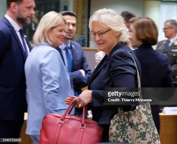 German Federal Minister of Defence Christine Lambrecht arrives for an EU Defence Ministers meeting in the Europa, the EU Council headquarter on May...