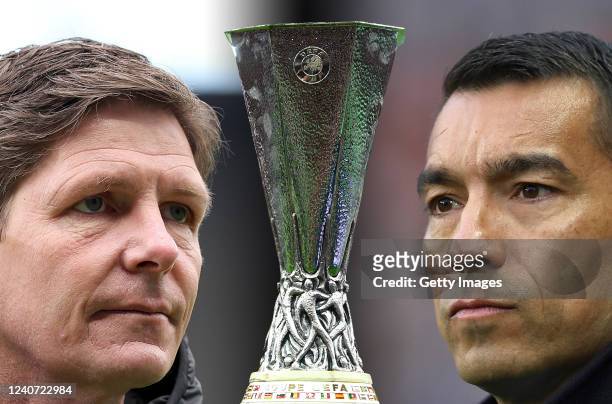 In this composite image a comparison has been made between Oliver Glasner, Head Coach of Eintracht Frankfurt and Giovanni van Bronckhorst, Manager of...