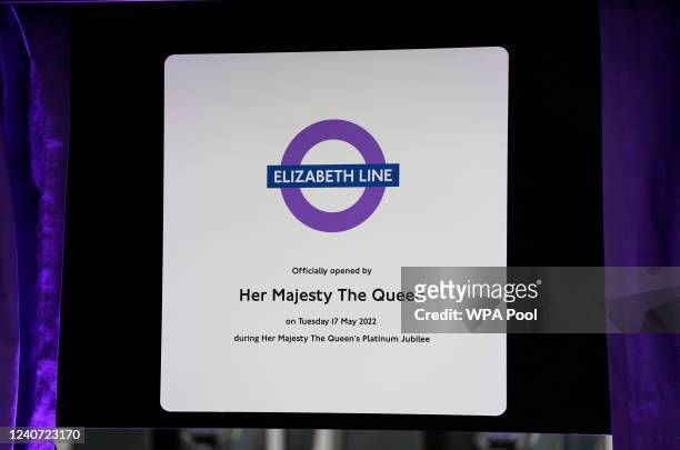 View of a plaque unveiled by Queen Elizabeth II to mark the completion of London's Crossrail project at Paddington Station on May 17, 2022 in London,...