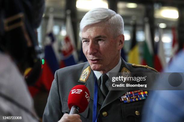 Robert Brieger, chairman of the European Union Military Committee, speaks to members of the media before a Foreign Affairs Council and Defense...