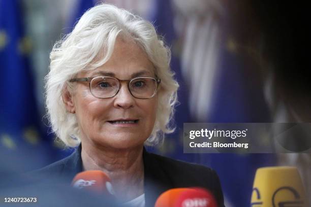 Christine Lambrecht, Germany's defense minister, speaks to members of the media after a Foreign Affairs Council and Defense Ministers meeting at the...