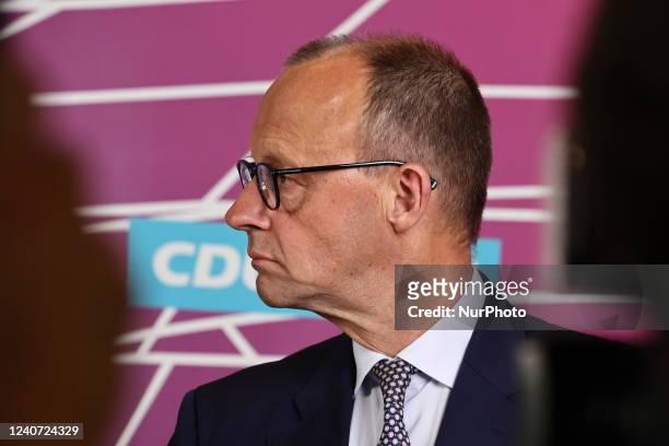 Chairman of the Christian Democratic Union and Leader of the CDU/CSU Parliamentary group Friedrich Merz gives a statement to the media prior to the...
