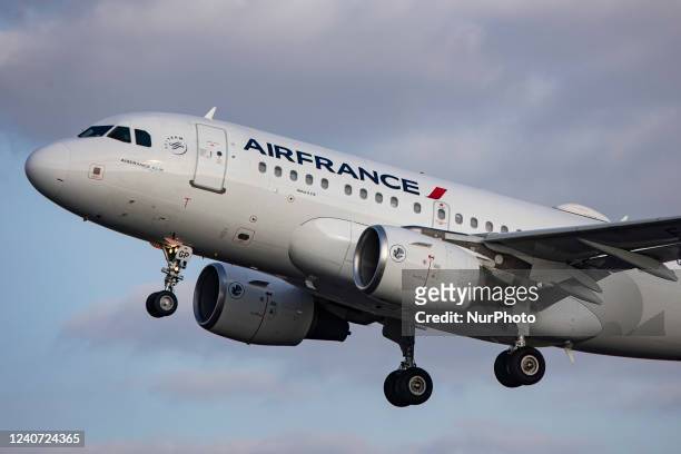 Air France Airbus A318 aircraft as seen during take off and flying phase from Amsterdam Schiphol Airport. The narrow body A318 is departing from...