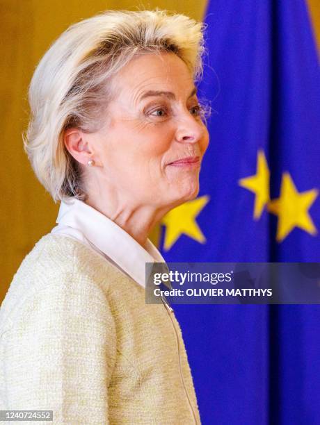 Commission President Ursula von der Leyen poses at EU headquarters in Brussels, on May 17, 2022. Yellen addressed the Brussels Economic Forum and...