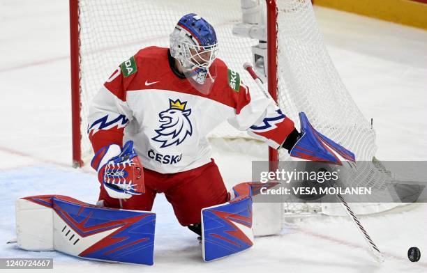 Czech Republic's goalkeeper Karel Vejmelka makes a save during the IIHF Ice Hockey World Championships 1st Round group B match between Czech Republic...