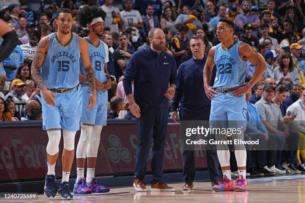 Brandon Clarke, Ziaire Williams, Head Coach Taylor Jenkins, Assistant Coach Darko Rajakovic, and Desmond Bane of the Memphis Grizzlies look on during...