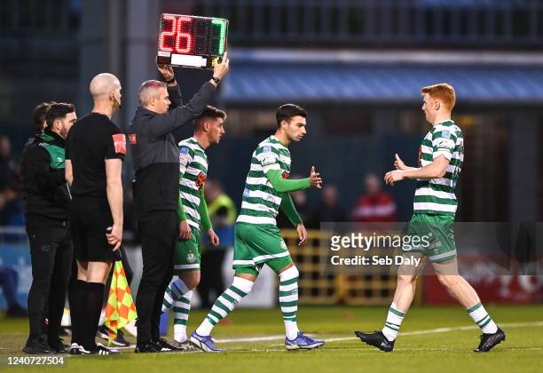 Dublin , Ireland - 13 May 2022; Danny Mandroiu of Shamrock Rovers, left, comes on as a substitute for teammate Rory Gaffney during the SSE Airtricity...