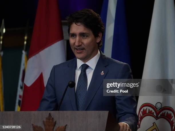 Prime Minister of Canada Justin Trudeau speaks at the Confederation Building on day one of the Platinum Jubilee Royal Tour of Canada on May 17, 2022...