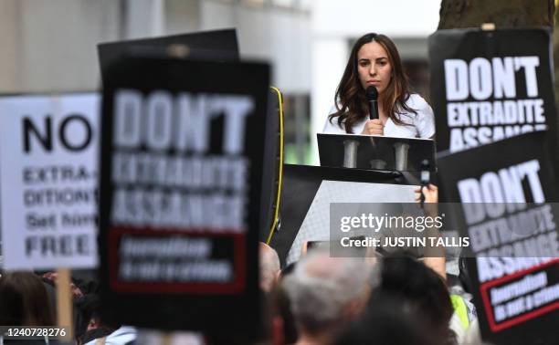 Stella Assange, wife of WikiLeaks founder Julian Assange, delivers a speech in front of the Home Office building, in London, on May 17 during a...