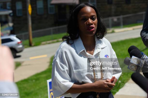 Pennsylvania Democratic Congressional candidate, state Rep. Summer Lee talks to the press outside her polling station at the Paulson Recreation...